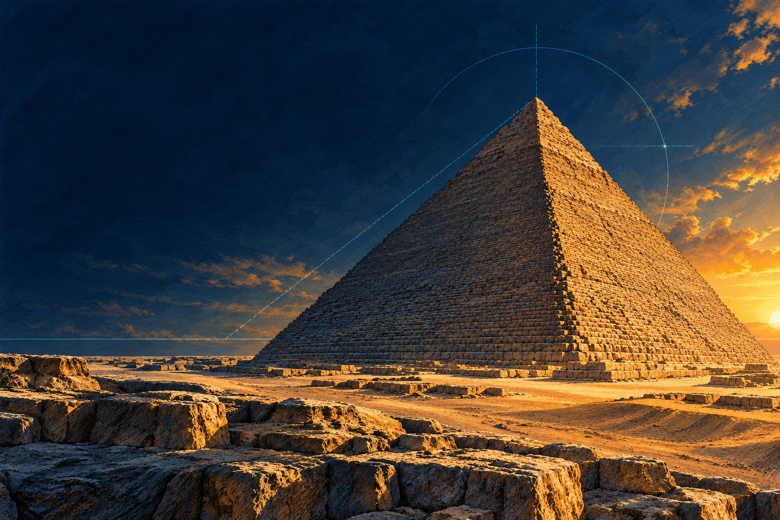An illustration of the Great Pyramid in amber sunlight and navy shadows, with decorative survey lines.